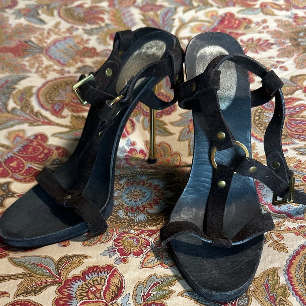 Vintage Gucci Wood & Suede Heels with Gold Accents